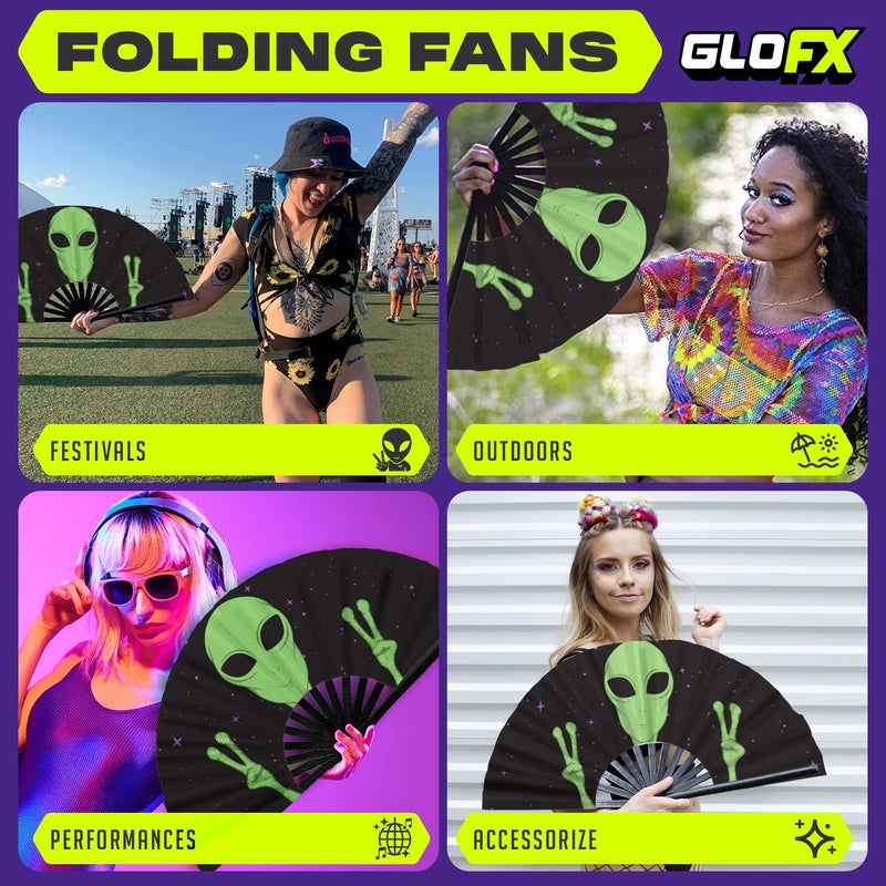 GloFX Folding Fan - Alien - Large Rave Clack Folding Hand Fan for Men/Women - for EDM, Music Festival, Club, Event, Party, Dance, Performance, Decoration, Gift - Image 3